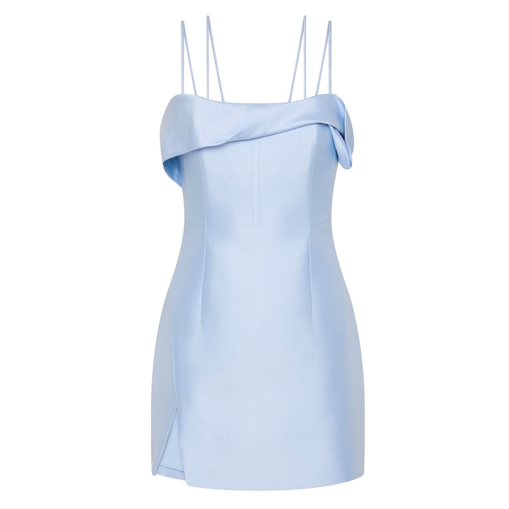 Rachel Gilbert Pale Blue Satin Off-Shoulder Mini Dress